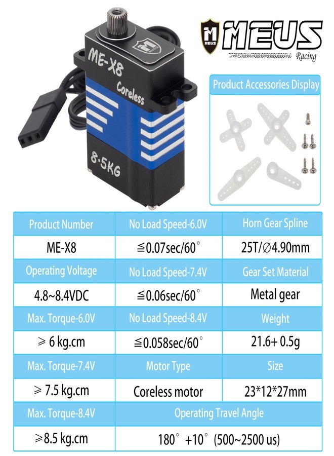 MEUS Racing Coreless RC Micro Servo 8.5KG with High Torque for SCX24 TRX4M SCX10 TRX4 1/24 1/18 1/10 1/8 RC Crawler Car (MEX-8) - Image 3